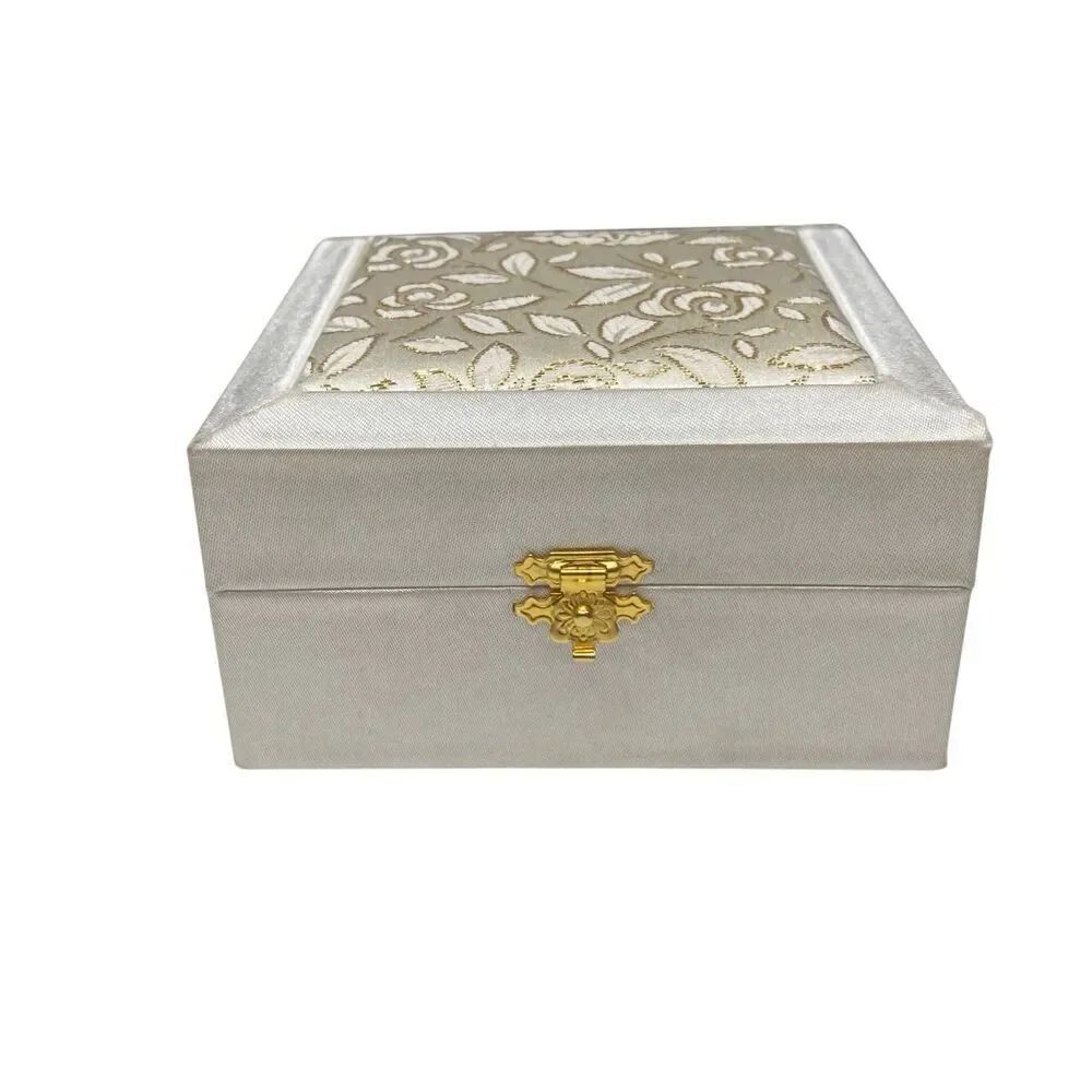 Vintage Ivory Floral Jewelry Box Mirror Latch Storage Case Satin Embroidered